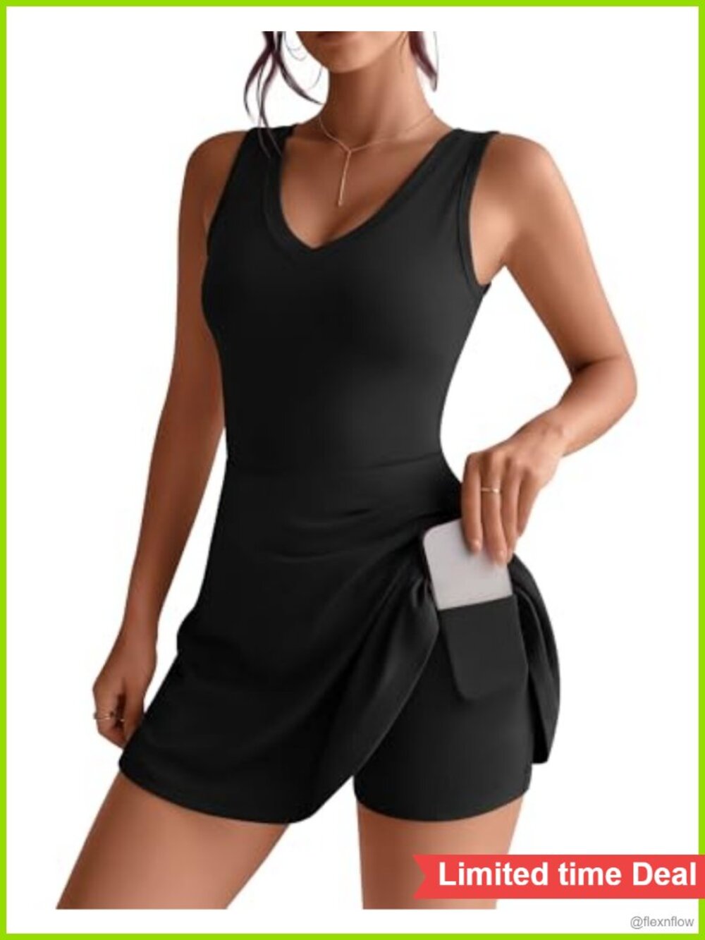 Women's Sleeveless V-Neck Tennis Dress Built-in Shorts Pockets